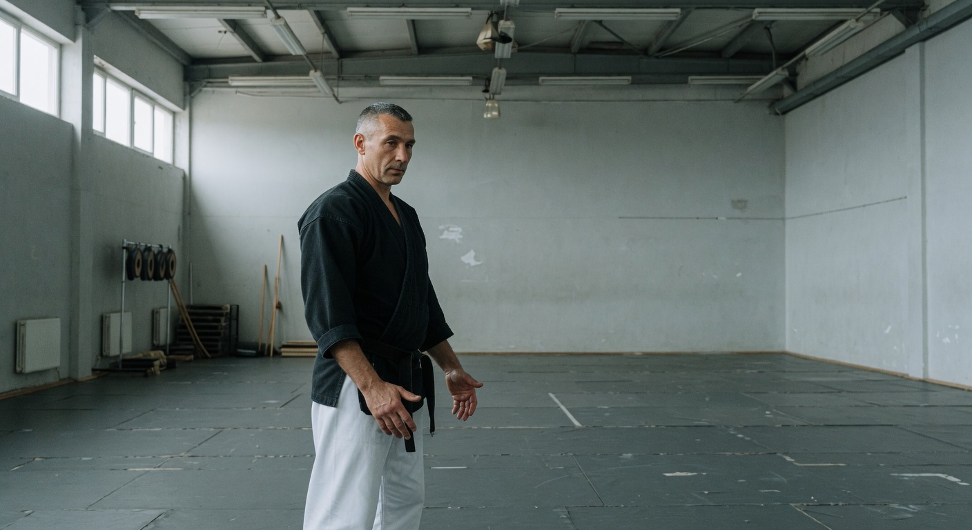 A lone martial-arts instructor stands in a vast spartan training hall in a still measured moment before a demonstration.
