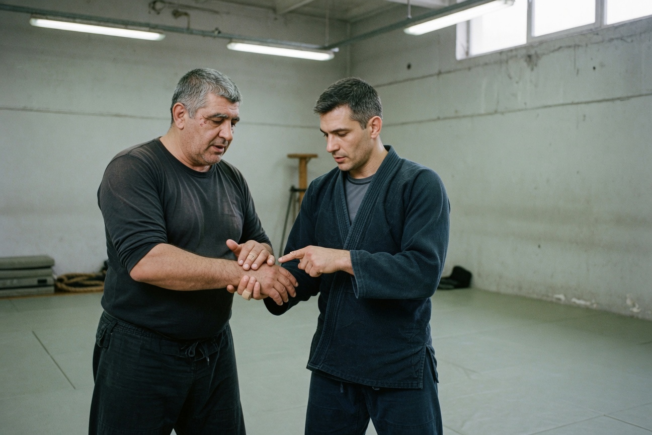 A senior instructor and a younger instructor calmly review a technique together.